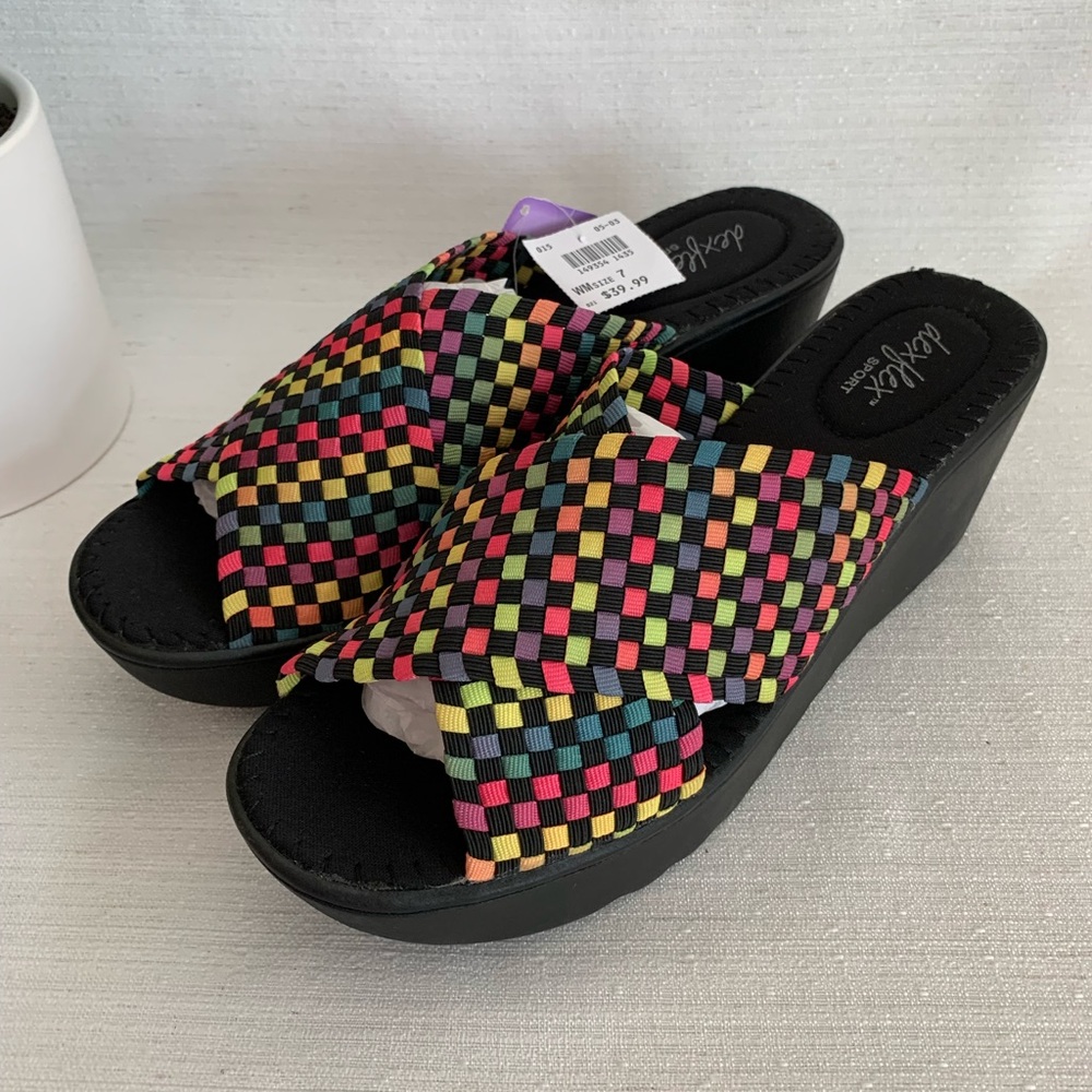 NWT Dexflex Rainbow Check Stretch Chunky Platform Wedge Sandals Woman’s 7 - Picture 3 of 11